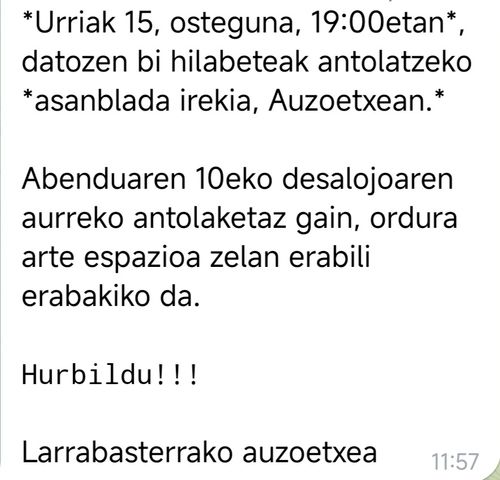 ASANBLADA IREKIA AUZOETXEAN datozen 2 hilabeteak antolatzeko